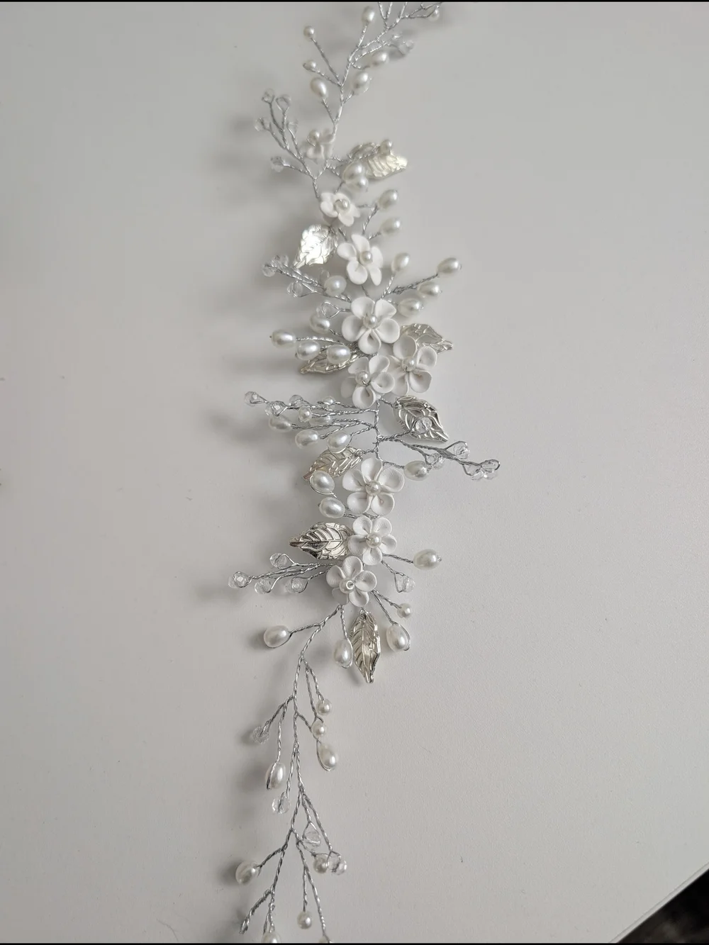 Delicate Floral Pearl Hair Vine - White & Silver